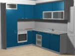 Г-образна кухня в бяло и синьо с шкаф остров